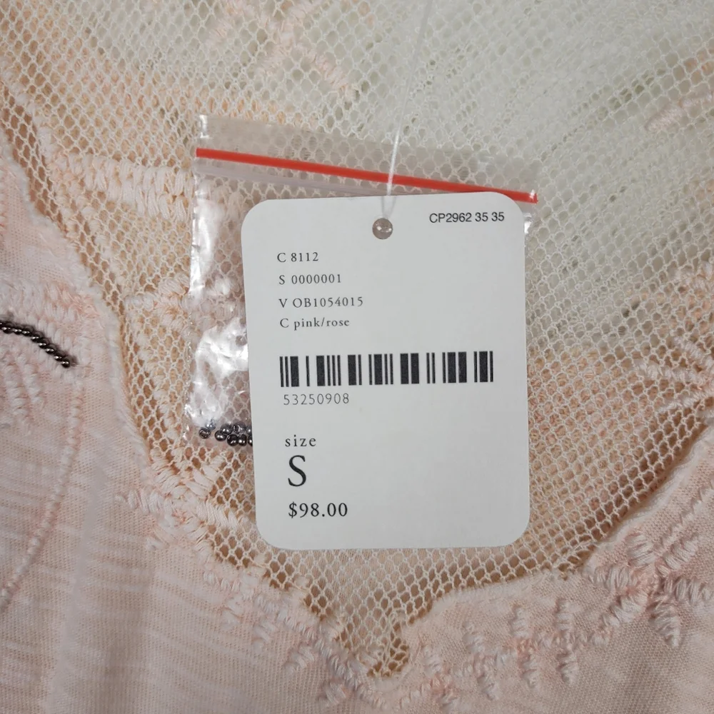 NWT‎ Free People Sz S Pink Embellished Mischa Lace Mesh Top Coquette Beaded